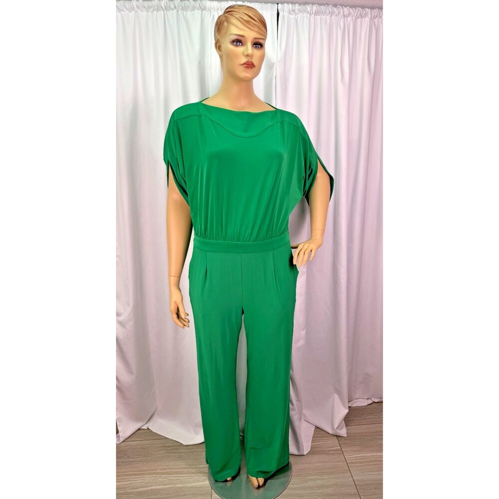 IMAN Green Wide Leg Jumpsuit XL Slit Sleeve Stretch Knit Draped Waist NWT